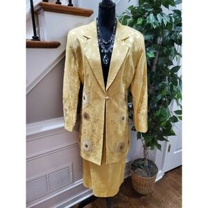 SOGIC Women's Yellow Floral Linen Single Breasted Blazer & Skirt 2 Piece Suit 18